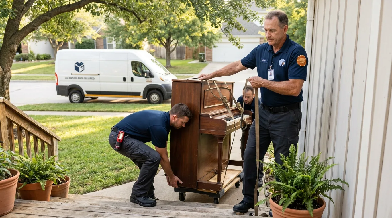 Licensed piano movers securing grand piano in Shapleigh, ME