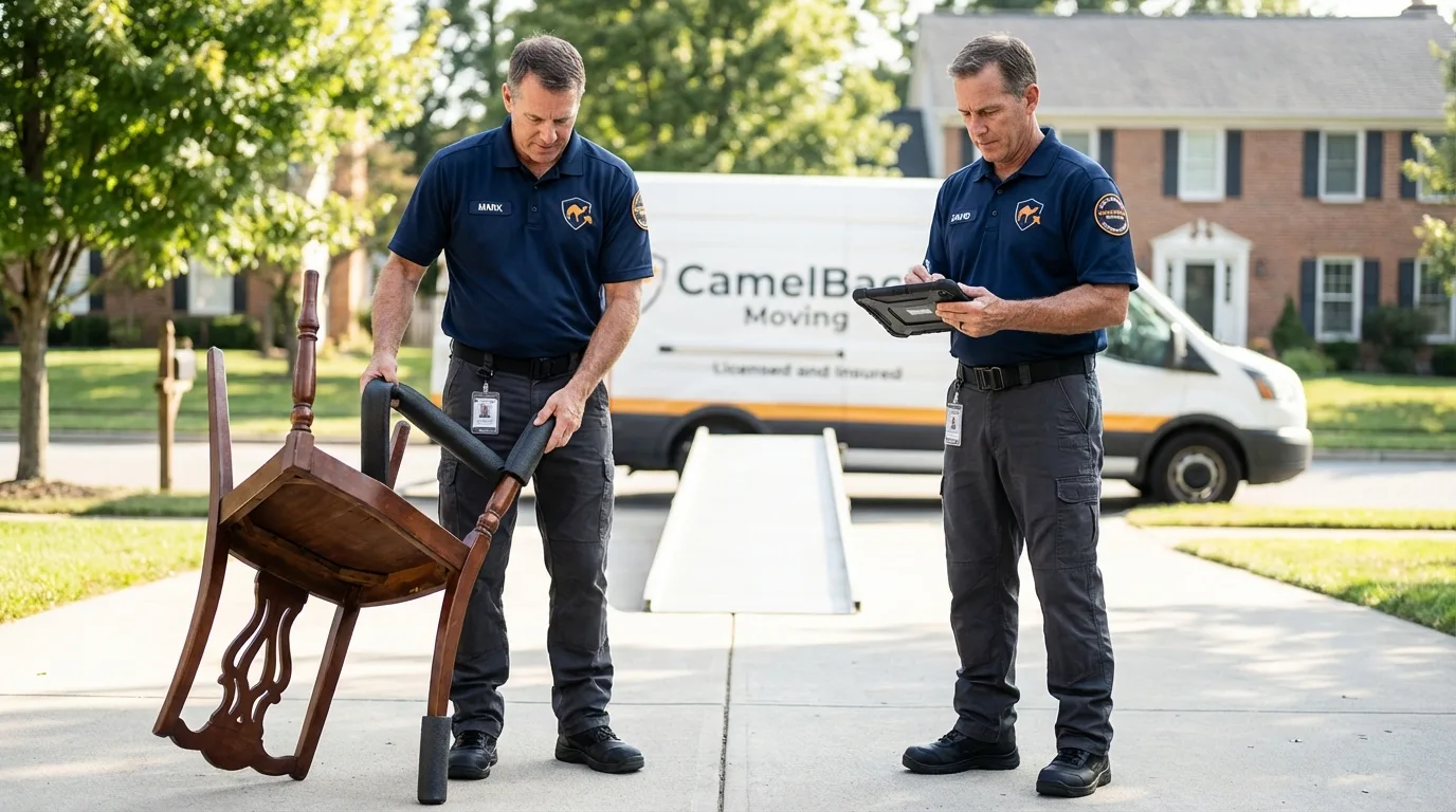 Movers inspecting furniture for damage prevention before loading in Shapleigh, ME